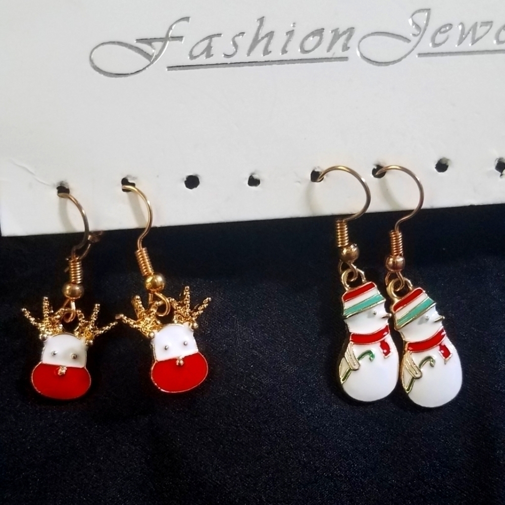 Snowman Reindeer Enameled Dangle Earrings Set